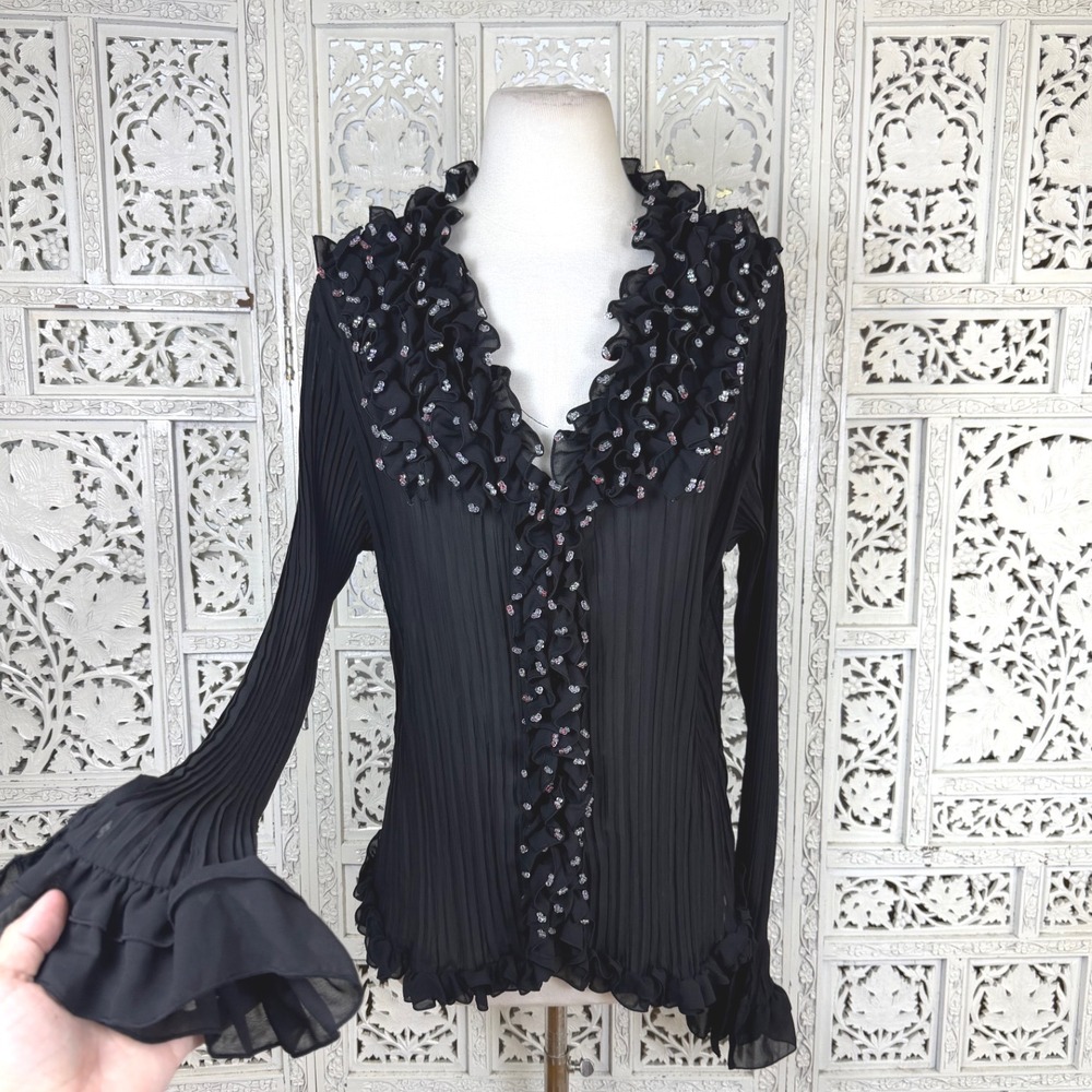 Black Ruffle Beaded Sheer Button Up Blouse Womens 1X Whimsigoth Y2K Fairy